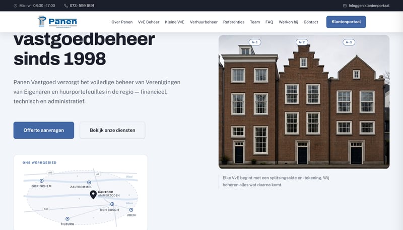 De nieuwe homepage van Panen Vastgoed, door Yannes gebouwd: de kop 