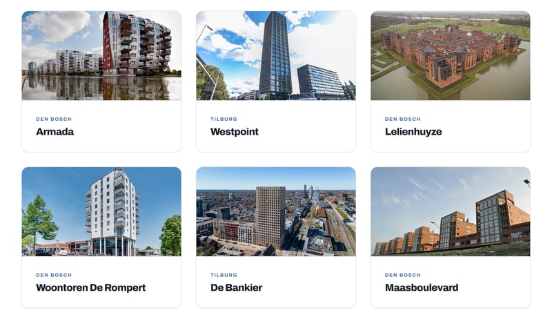 De referentiepagina van panenvastgoed.nl: twee rijen kaarten met foto's van gebouwen die Panen Vastgoed beheert, met de plaats en de naam van elk gebouw.