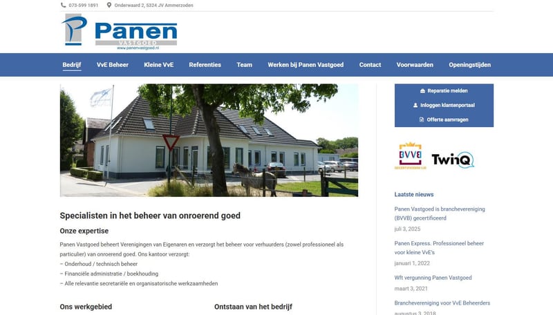 De oude homepage van Panen Vastgoed: het logo, een blauwe menubalk, een foto van het kantoor, een zijbalk met knoppen en logo's en een lijst met nieuwsberichten.