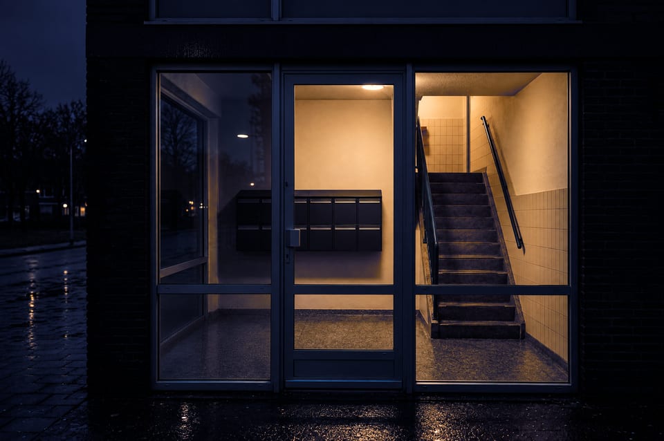 De entree van een appartementencomplex bij schemering: brievenbussen, een verlicht trappenhuis en blauw licht in het glas.